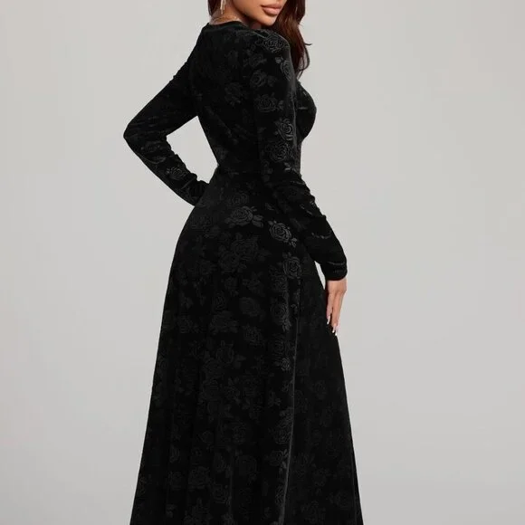 Rose Print V-Neck Long Sleeve Dress - Picture 6 of 8